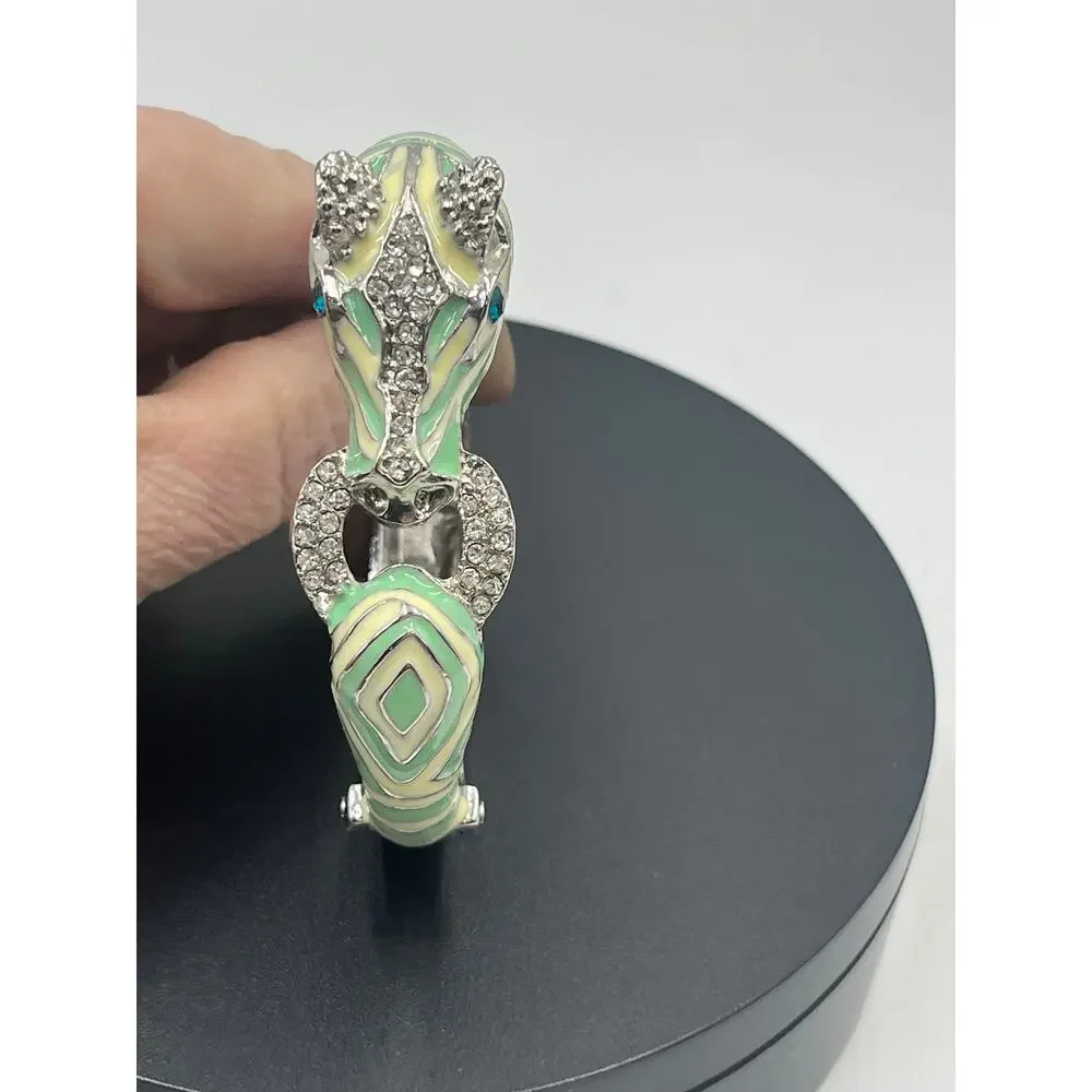 Mint and Cream Zebra with‎ Stripes Hinged Rhinestone Blue Eyes Bangle Bracelet
